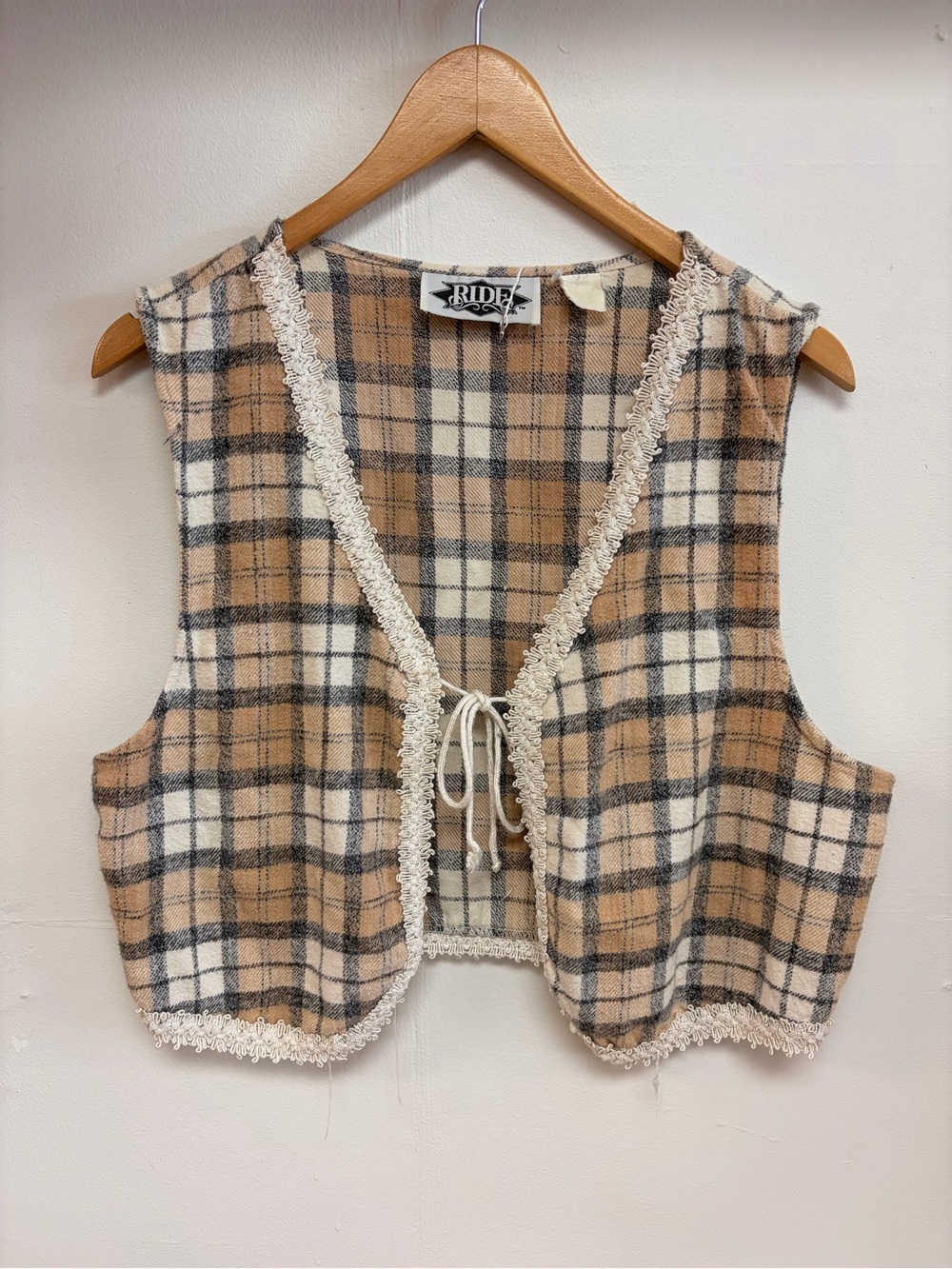 Vintage 80’s tan & grey plaid lace trim tie front vest